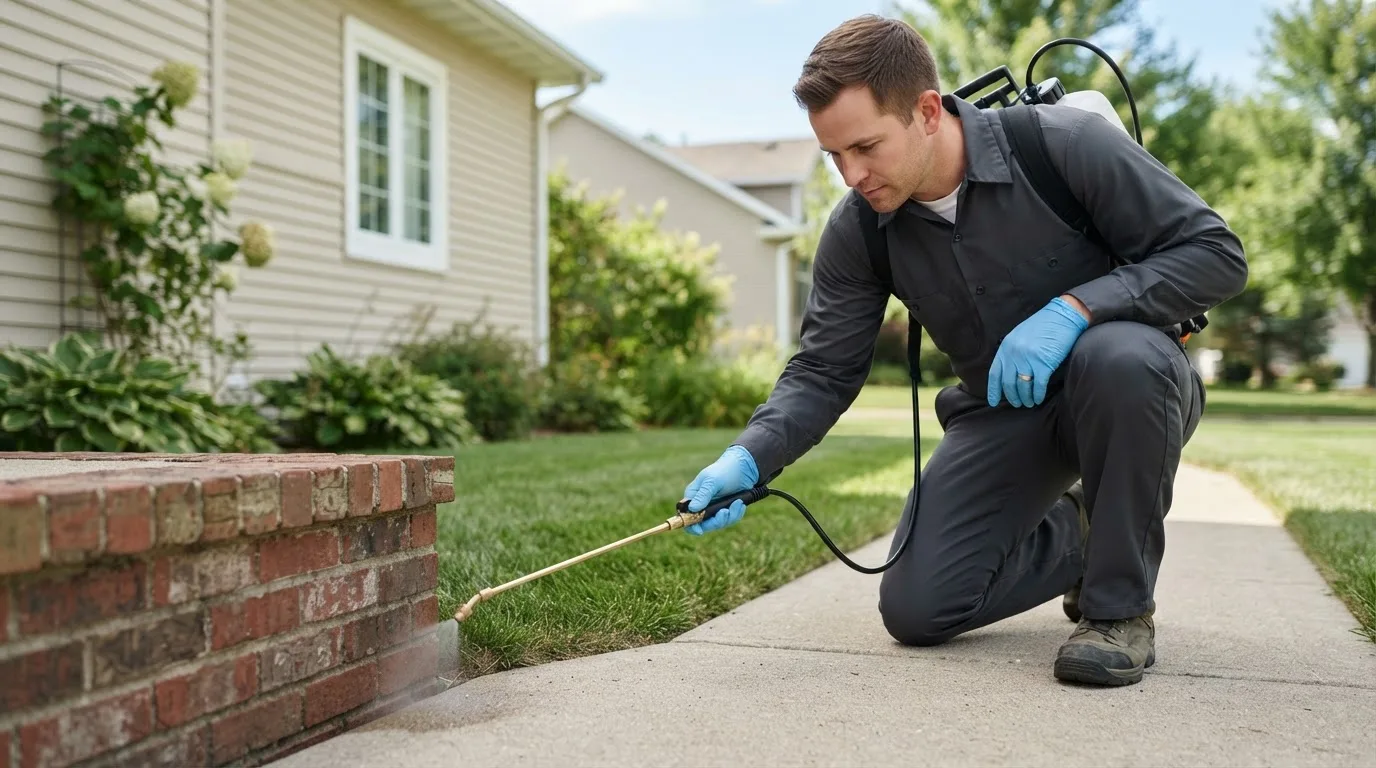 Pest control technician treating a home near Roxboro, NC